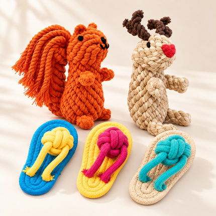 Holiday Rope Toy Trio – Reindeer, Squirrel & Slipper